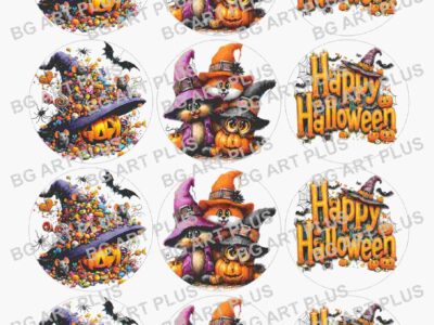 Сладкарски принт Хелоуин Тиква цветна + Котенца + Happy Halloween